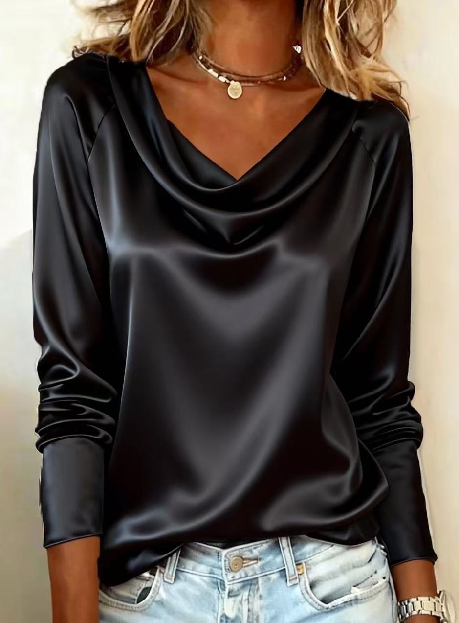 Shirt Camp Collar - Luxury Satin Solid Color V-Neck Long