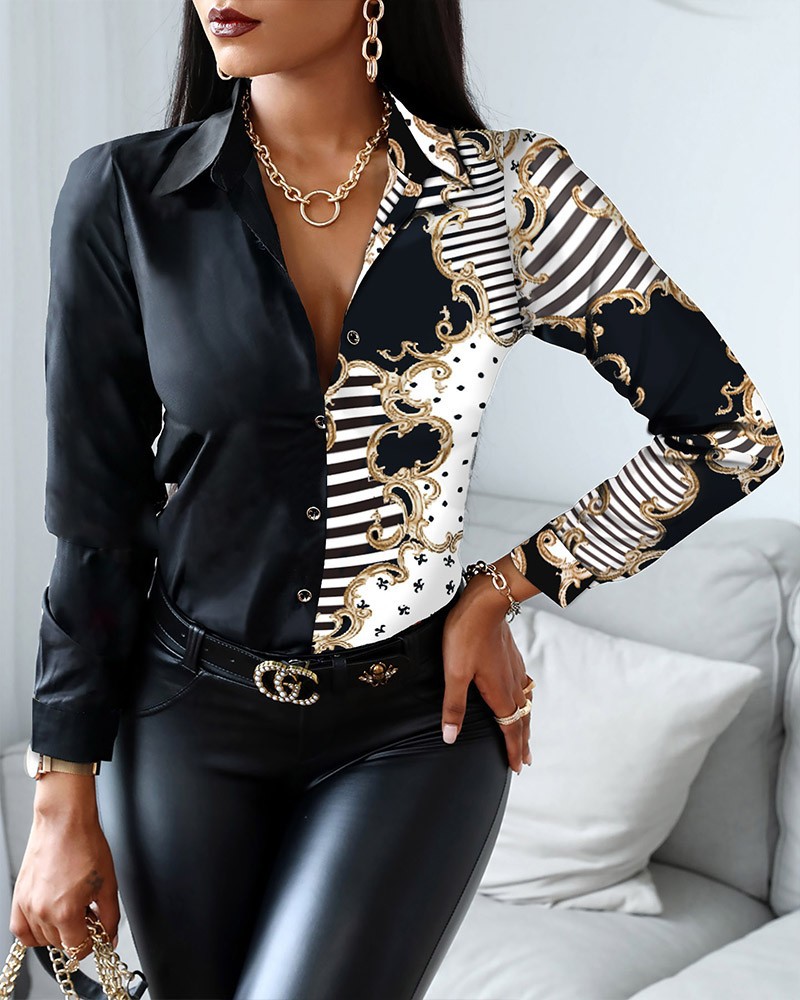 Shirt Camp Collar - Women Fashion Wild Shirts Chain/Floral/Letter/Geometric Square