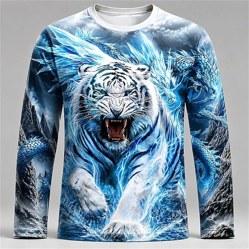 Tee Graphic Print - Men Blue White Tiger Dragon Print