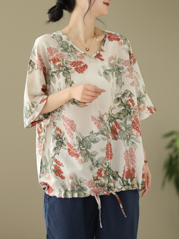 Summer Loose Cotton Linen Prin - Short Linen Drawstring ulasan dan harga
