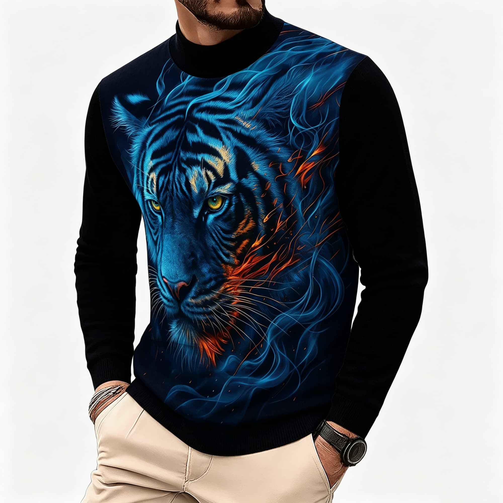 Neon Blue Flame Tiger Animal A - Tee Graphic Print ulasan dan harga