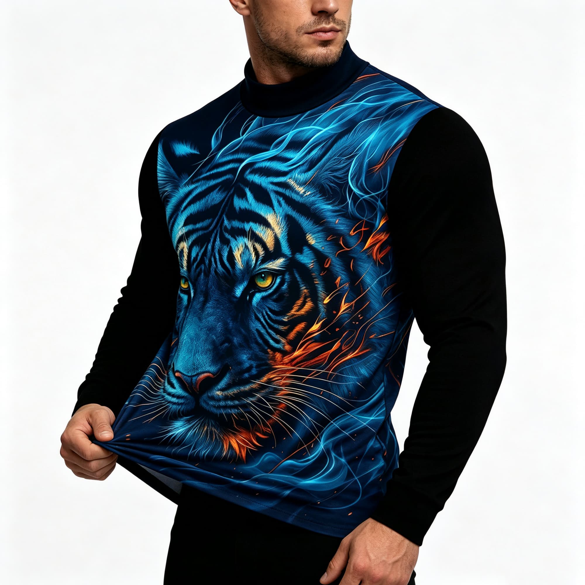 Neon Blue Flame Tiger Animal A - Tee Graphic Print ulasan dan harga