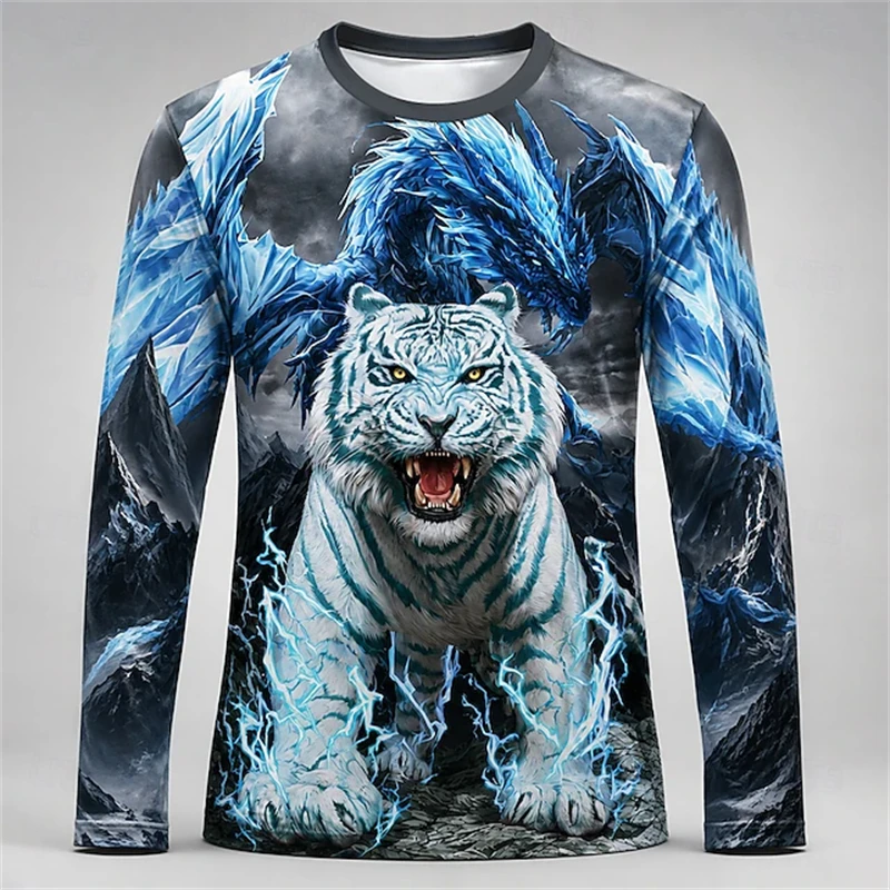 Men Blue White Tiger Dragon Pr - Tee Graphic Print ulasan dan harga